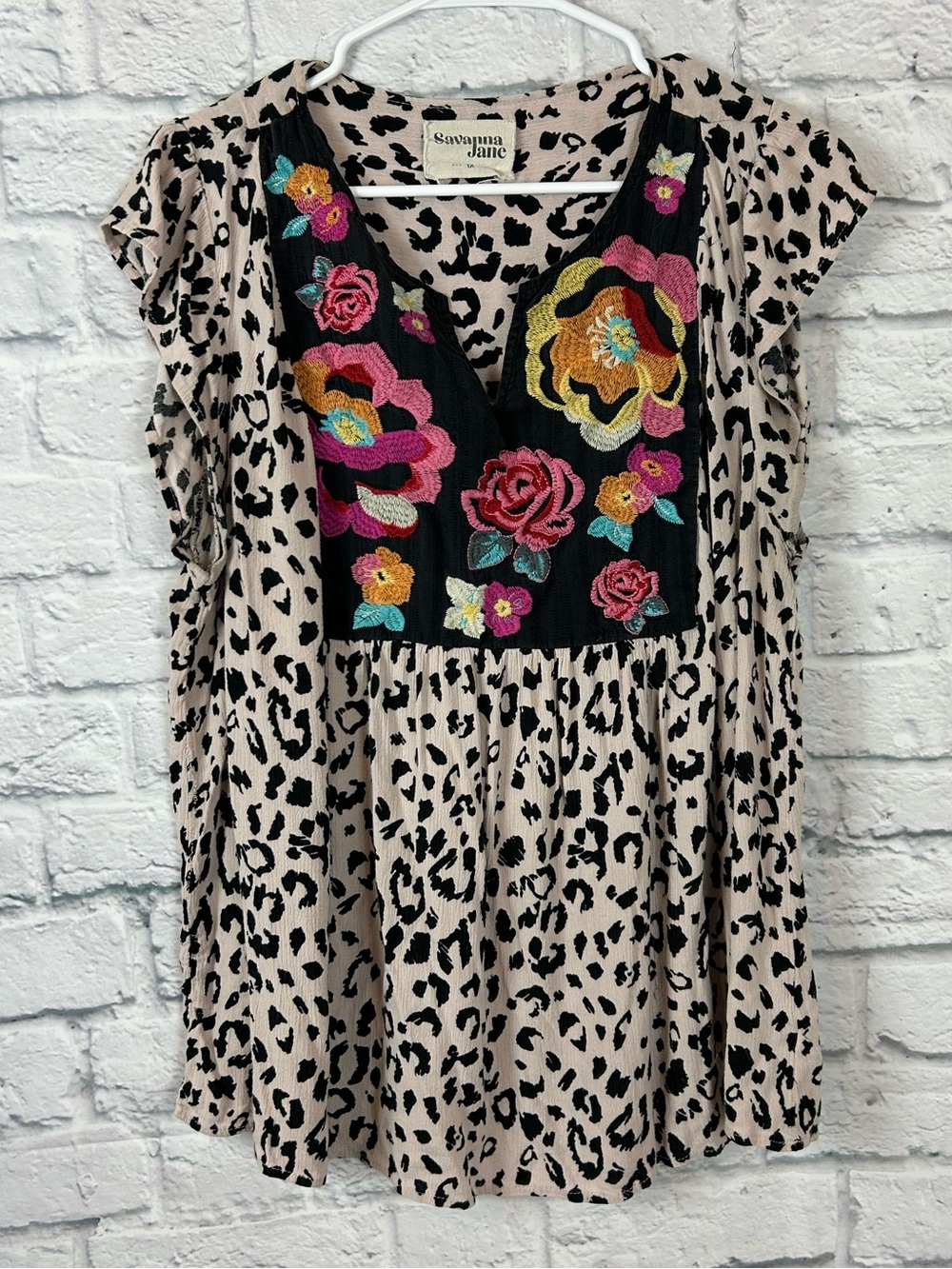 Savanna Jane Leopard Floral Embroidered Babydoll Tunic Top Size 1X